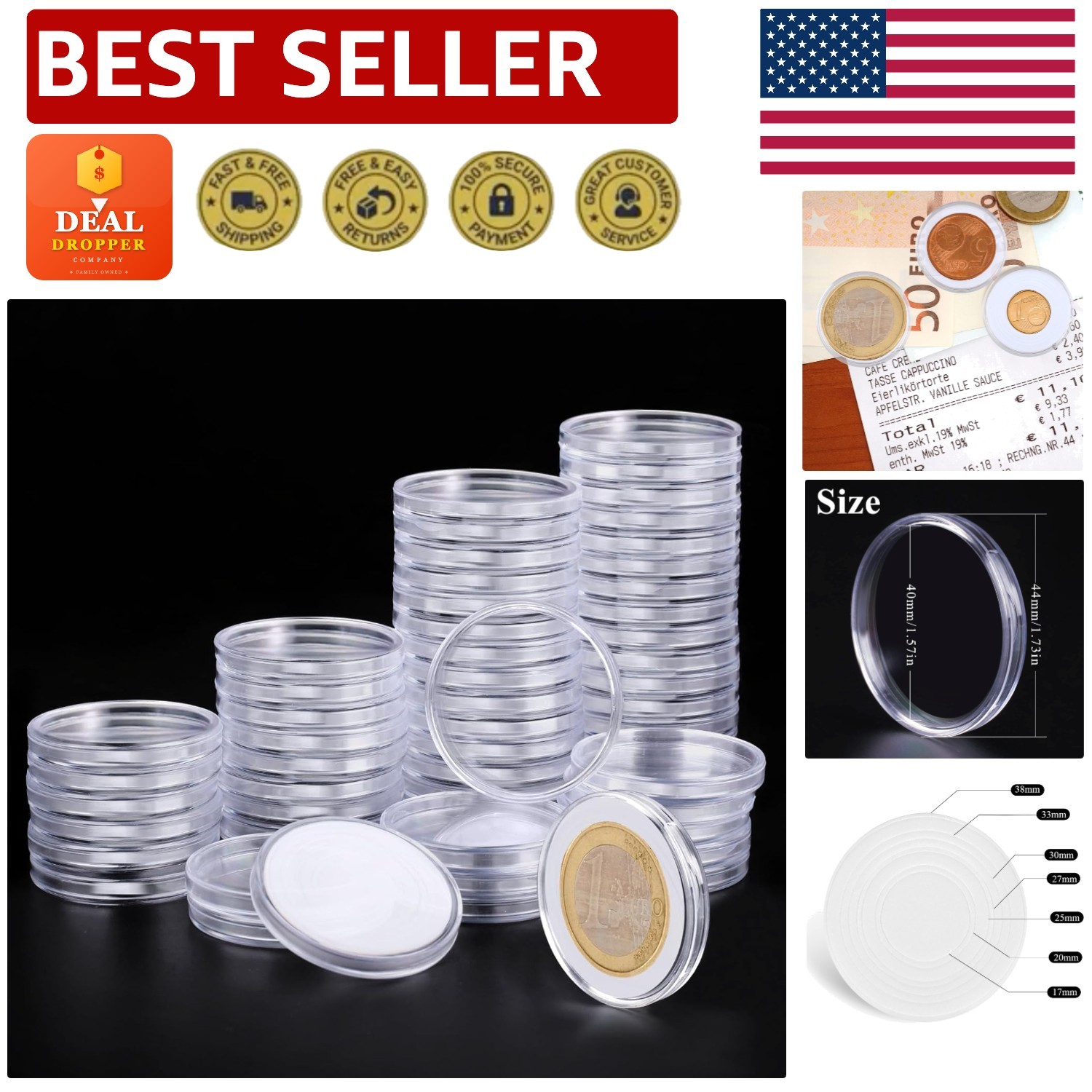 60-Pack Coin Holders: 40mm Clear Capsules with Adjustable Foam Washers