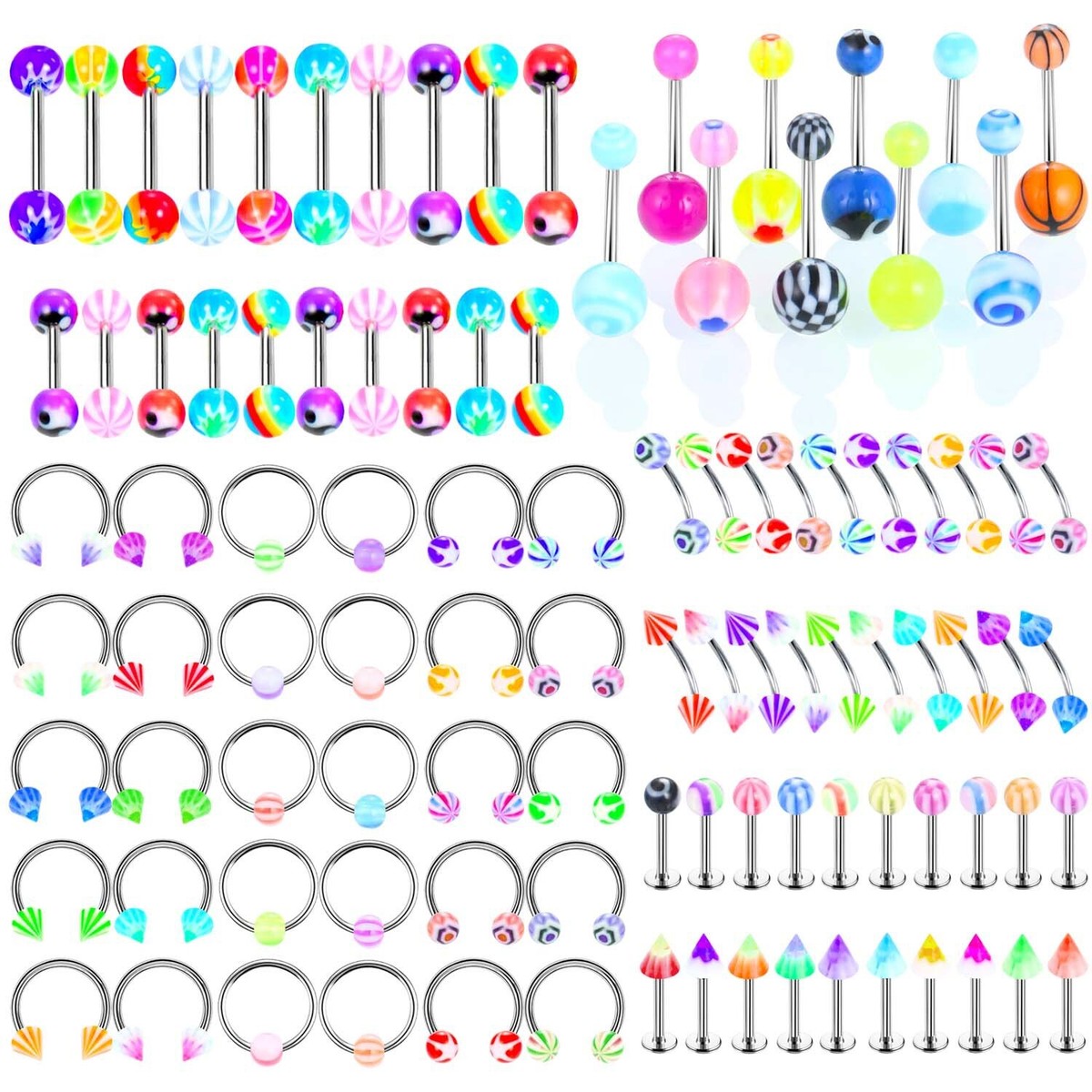 50pc Steel Acrylic Various Kind Piercing Ear Nose Tongue Eyebrow Jewellery Set