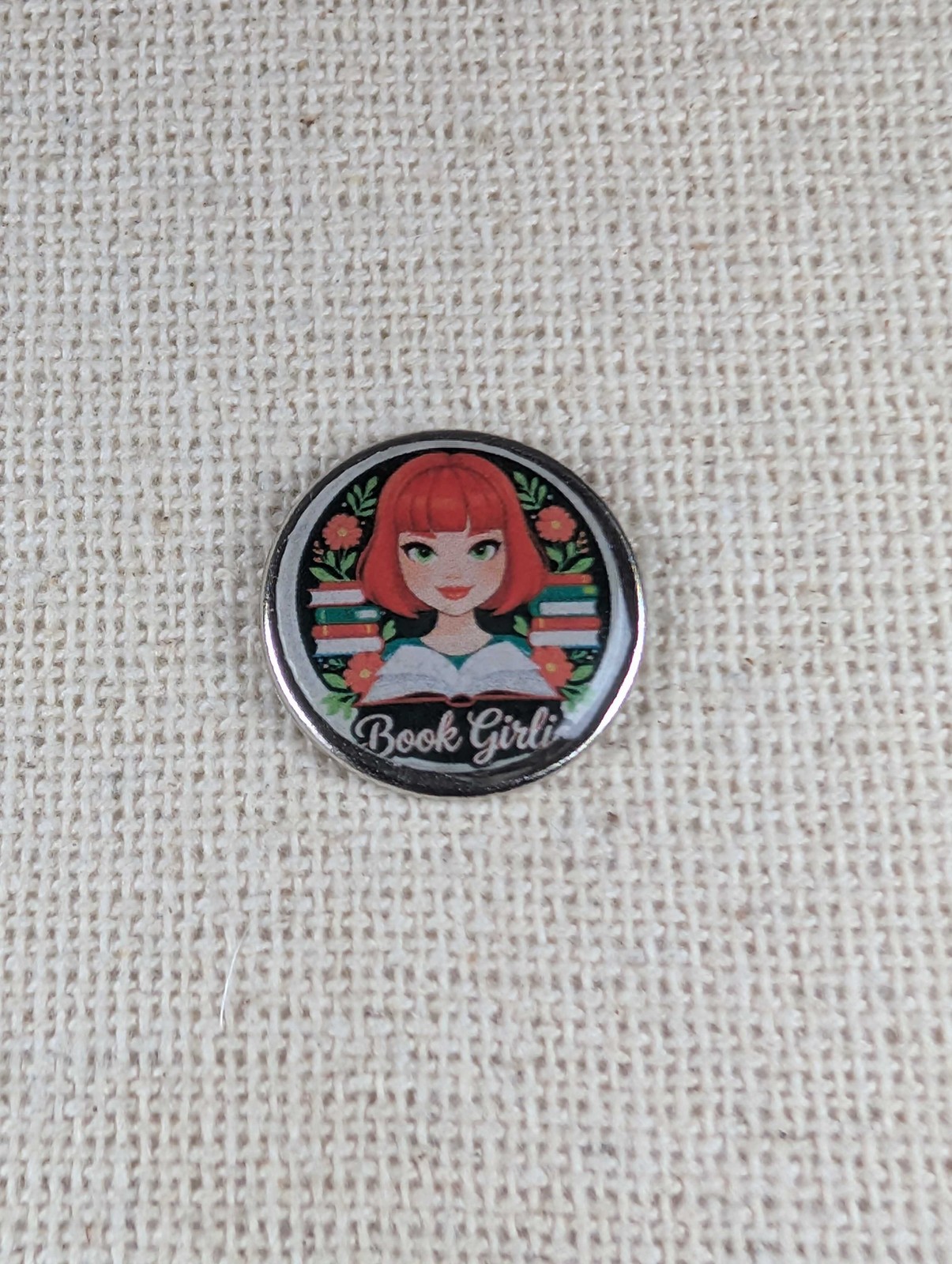 Book lover Lapel Pin Badge 'Book Girlie' with red hair - reading gift