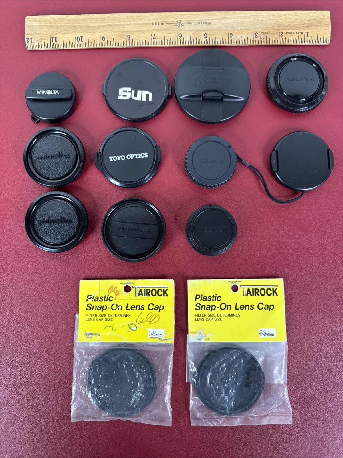 Mixed Lot of 13 Camera Lens Caps Olympus, Canon, Minolta & Tairock + unbranded