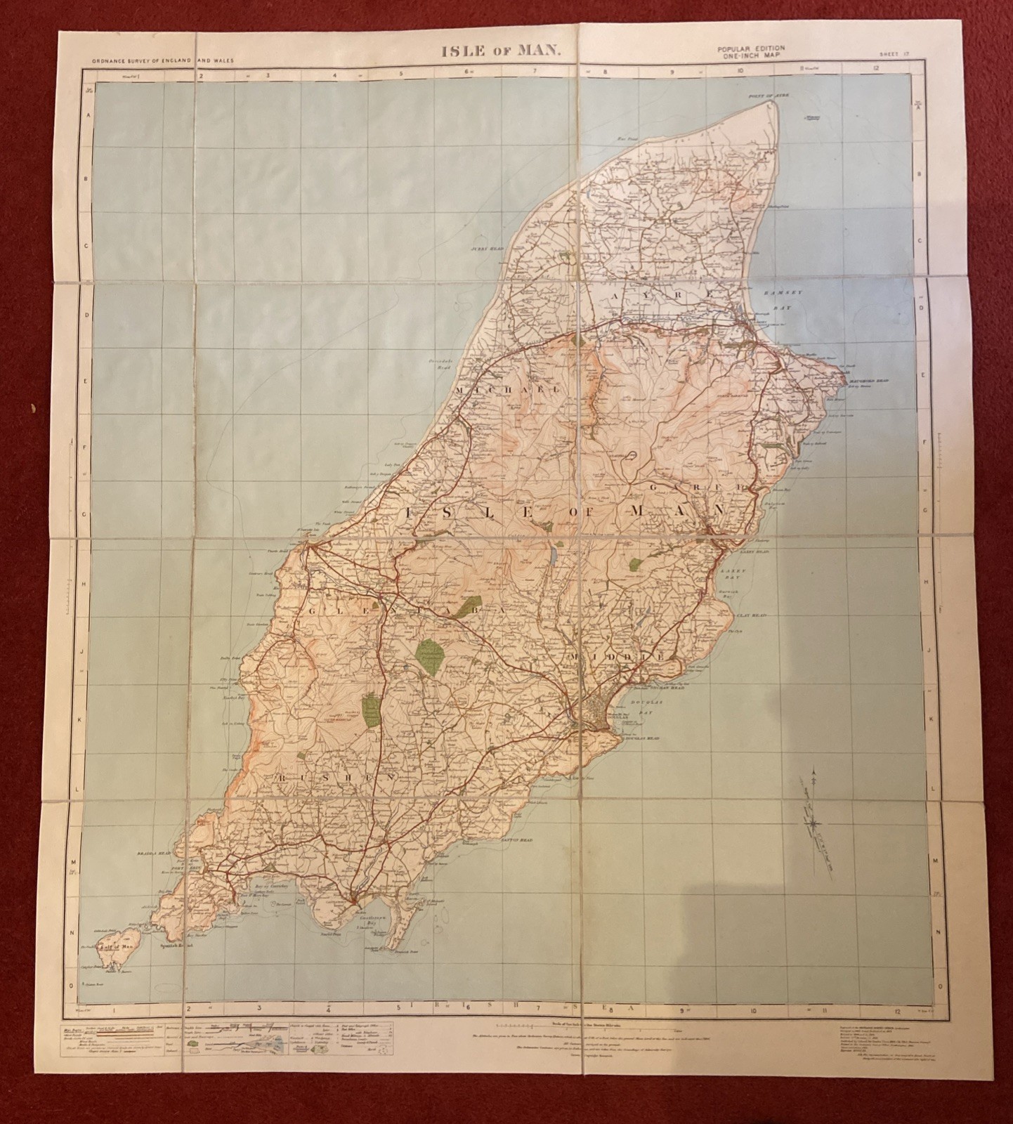1923 Ministry Of Transport Road Map Sheet 4 Isle of Man   - Cloth Back