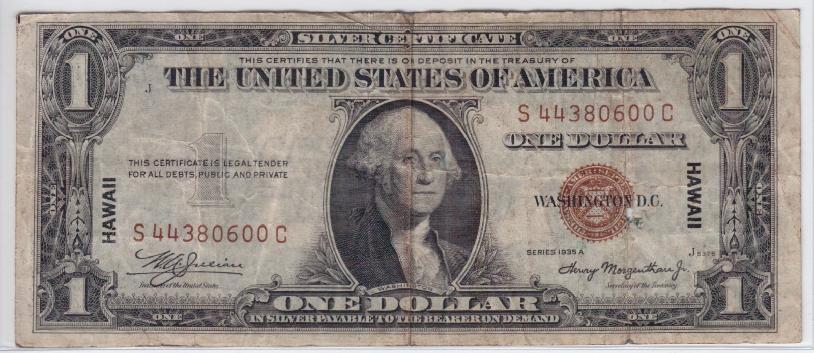 1935A $1 Silver Certificate Note Hawaii Emergency Overprint FR#2300 S44380600C