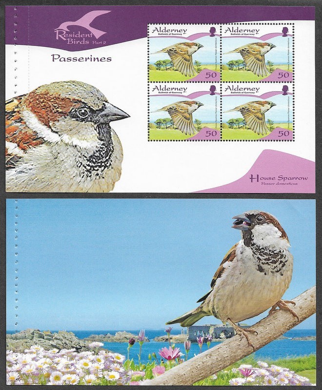 HOUSE SPARROW  BIRDS BOOKLET PANE & PAGE MNH ALDERNEY NATURE