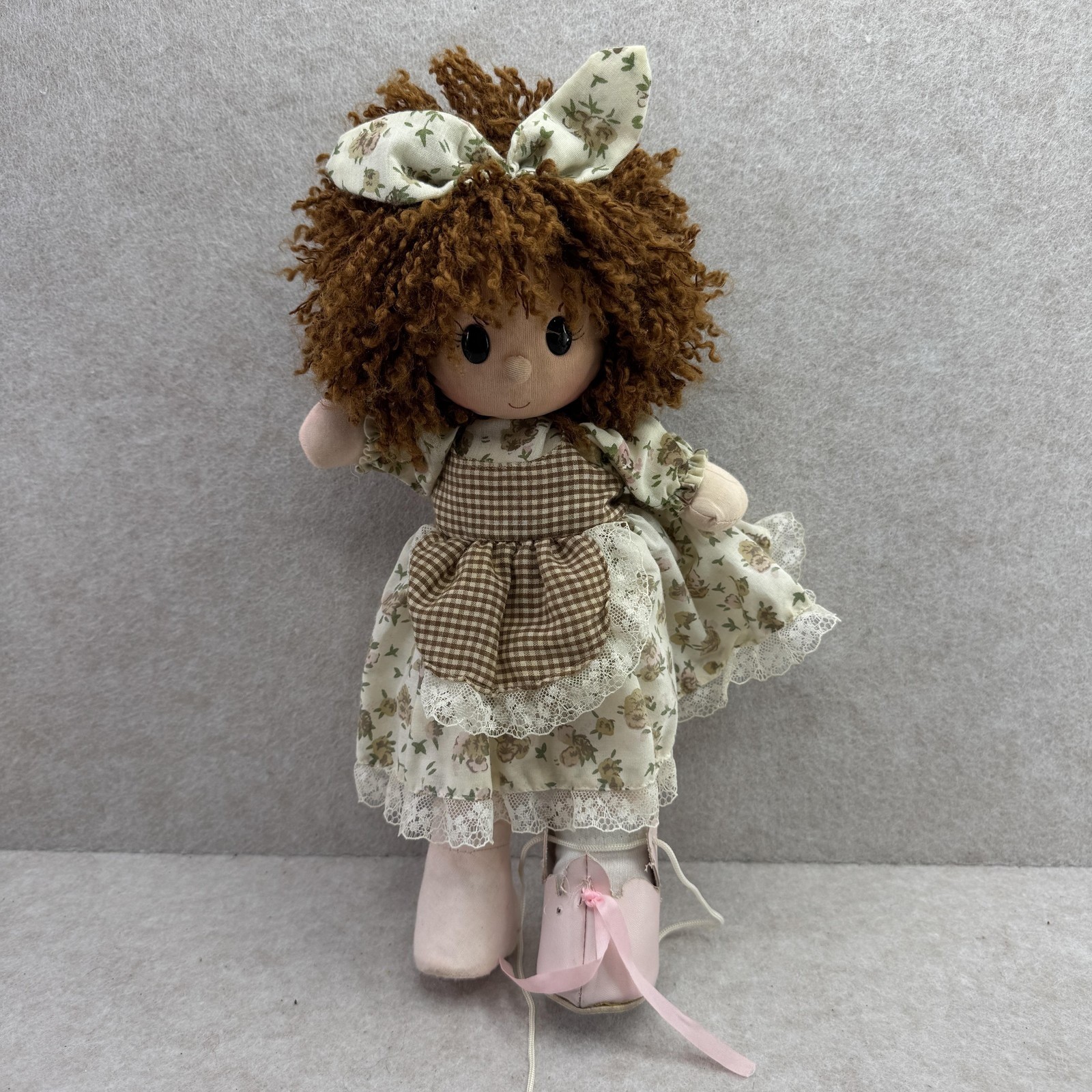 Girl Rag & Cloth Doll 14 In Brown Curly Hair Black Eyes Soft Body Floral Lace