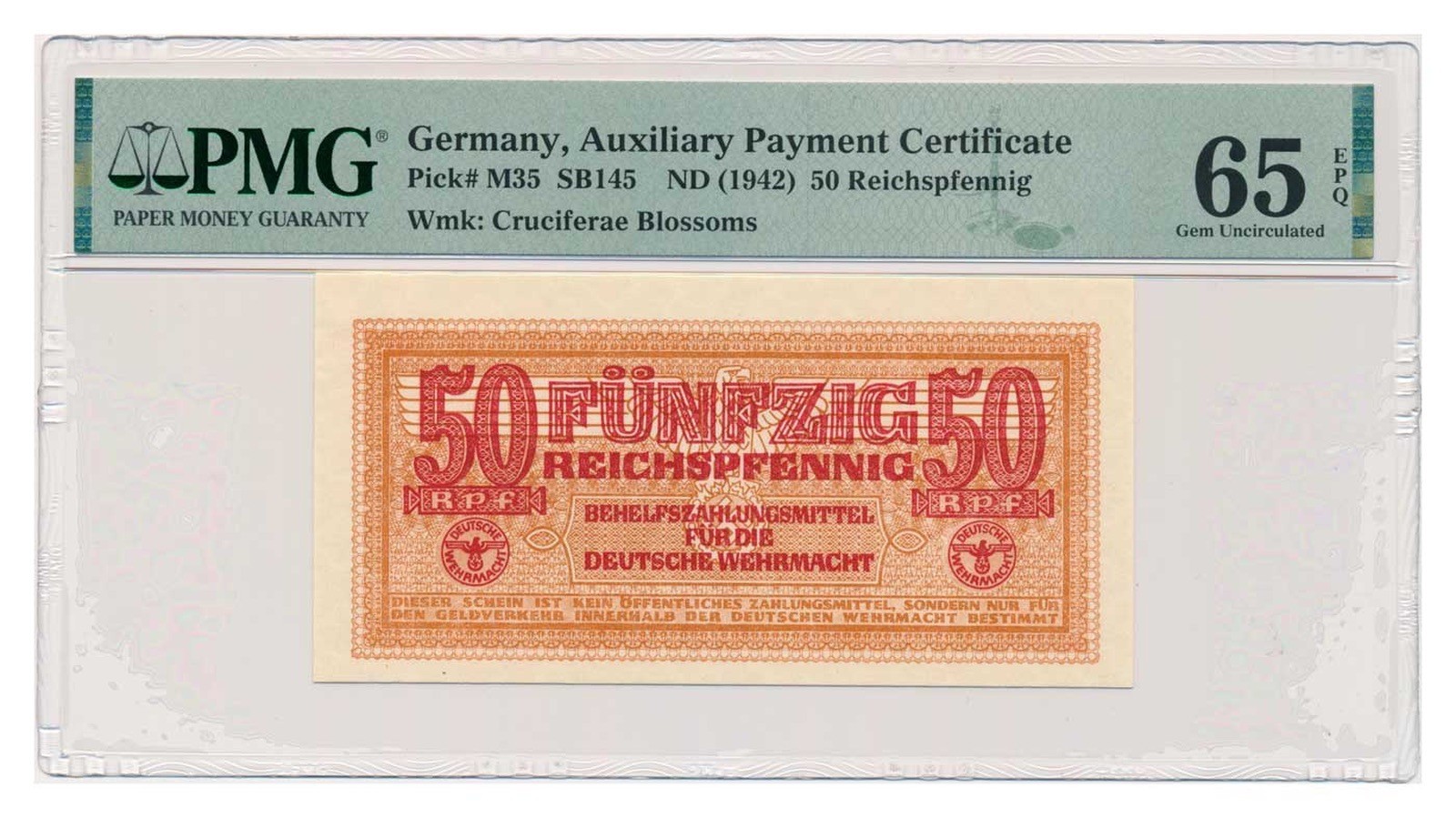 GERMANY banknote 50 Reichspfennig 1942 PMG MS 65 EPQ Gem Uncirculated
