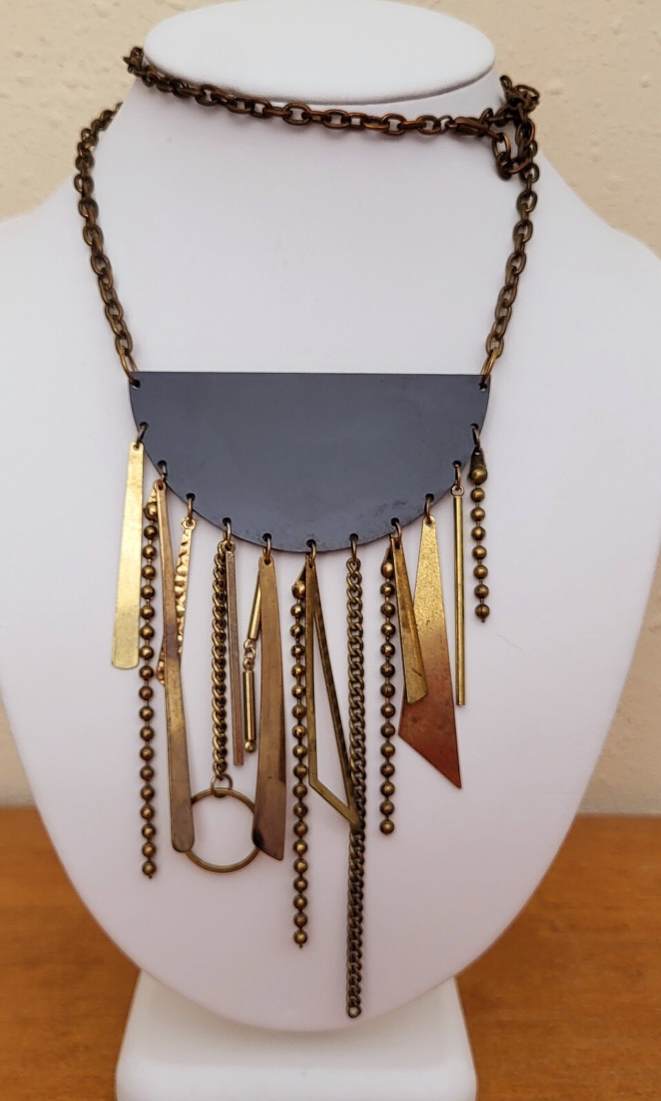 Awesome Vintage 80's Long Necklace Geometrical Dangling Gold Tone Metal Shapes