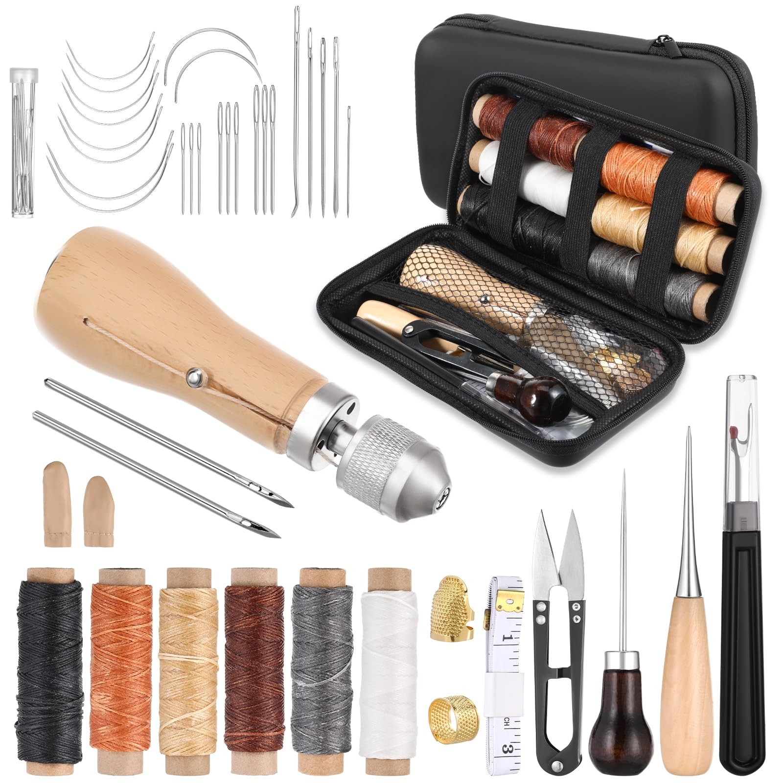 40pcs Portable Sewing Awl Kit with Bag, Awl Tool Leather Stitching Waxed Thre...