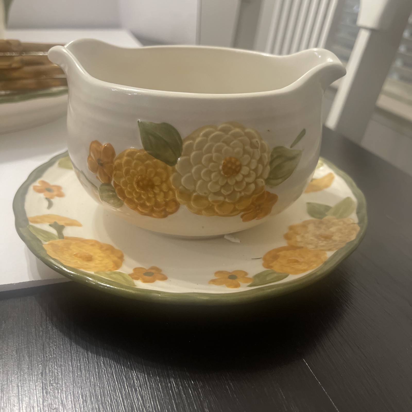 Vintage Metlox California Poppy Sculptured Zinnia Rimmed Gravy Boat Under Plate