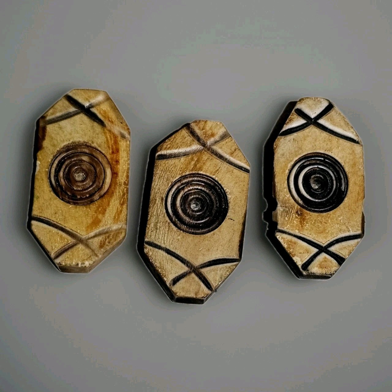 Antique Hexagon Eye Motif African Carved Horn Trade Beads 1880–1900 Set of 3