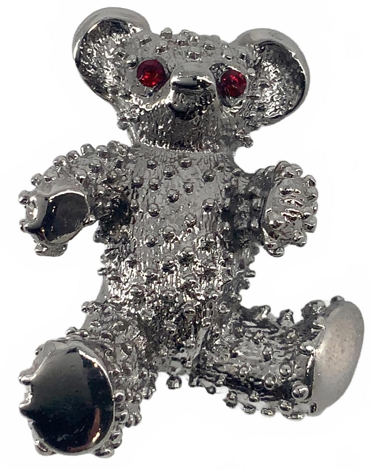 Vintage Silver Tone Textured Teddy Bear Red Rhinestone Eye Animal Brooch Pin