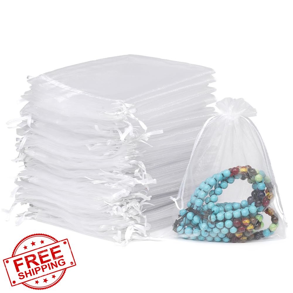 Meowoo 4x6 White Organza Bags 100pc Drawstring Gift Jewelry Candy
