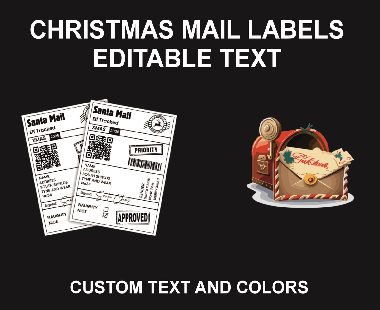 Christmas Mail Label Template, Editable, Custom Text and Color