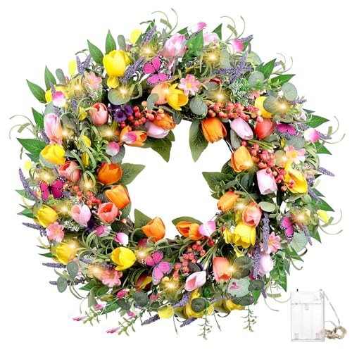 24 Inch Spring Wreaths for Front Door, Artificial Tulip Wreath with Lights & 