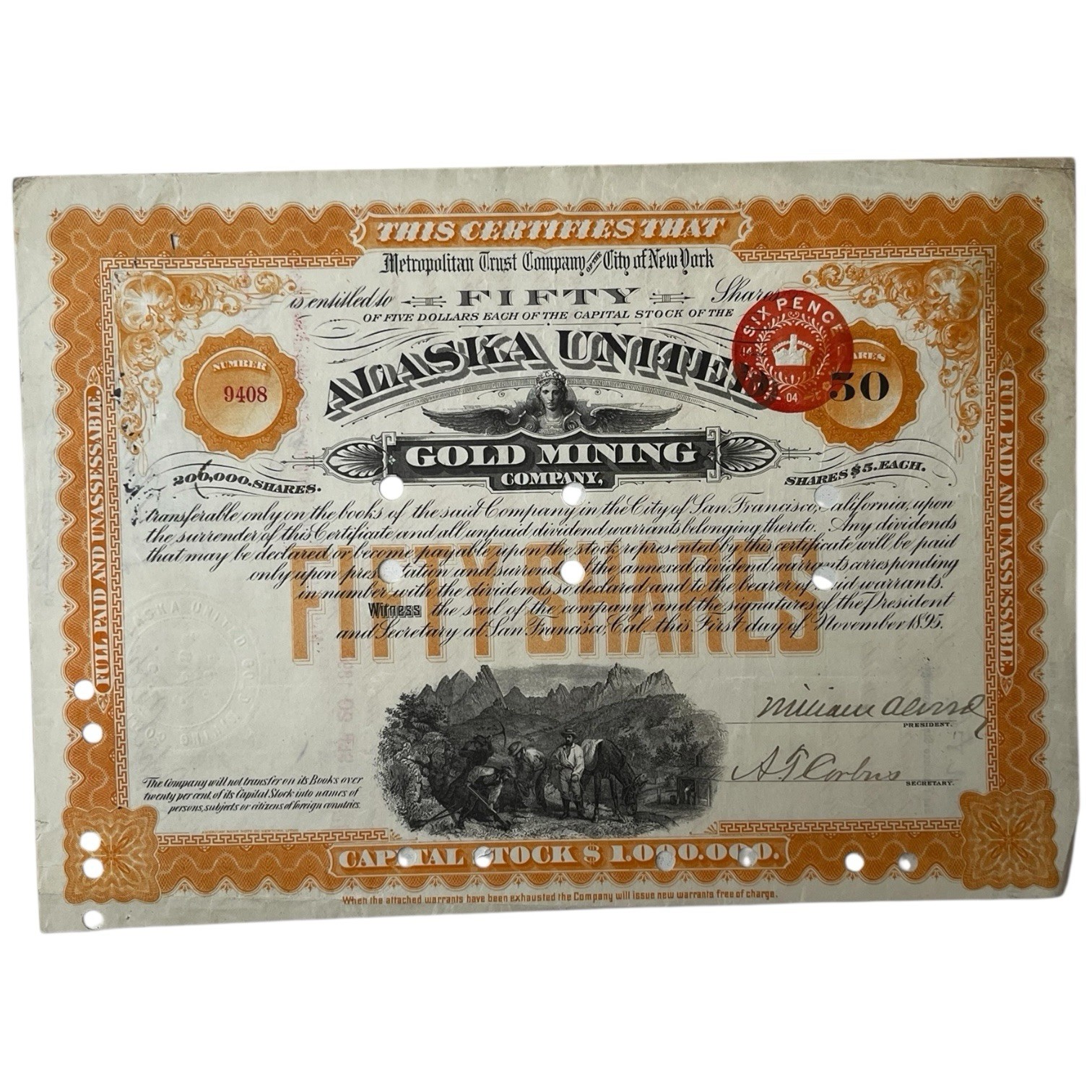 Antique 1895 Alaska United Gold Mining Company Stock Certificate 50 Share Orange