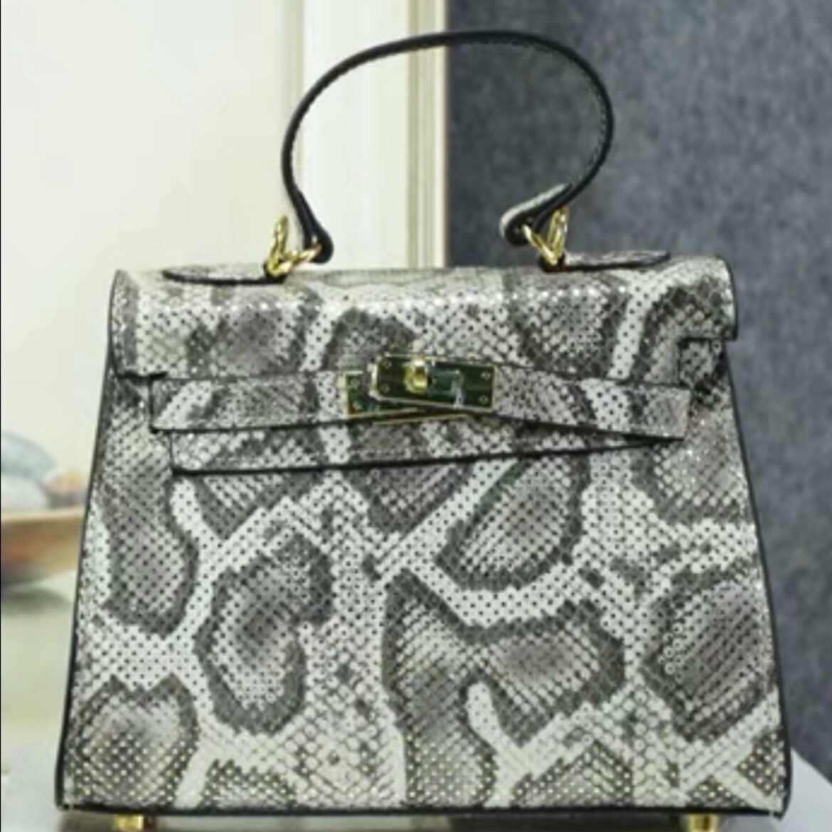 New gray Snake pattern Padlock Clutch Crossbody mini Bag Genuine Leather