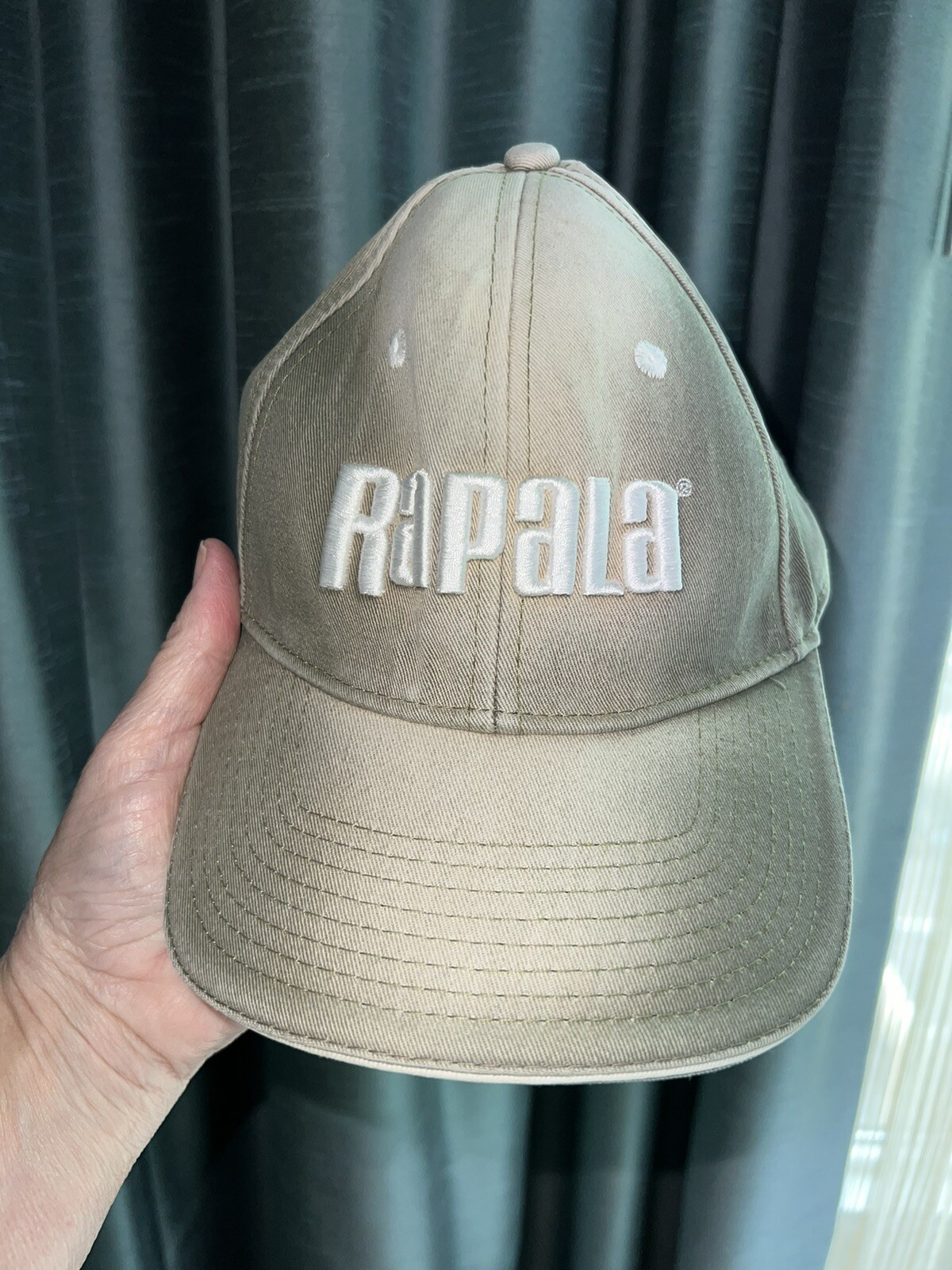 RAPALA white on tie dye green Hat Cap Strap Buckle Signature Brand EUC