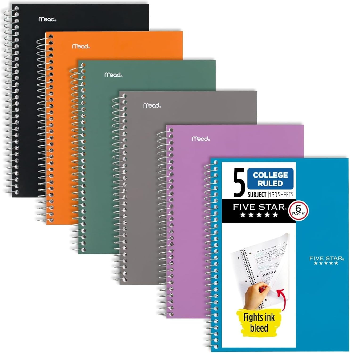 Spiral Notebook, 5 Subject, College Ruled Paper, 6" X 9-1/2", 150 Sheets, Select