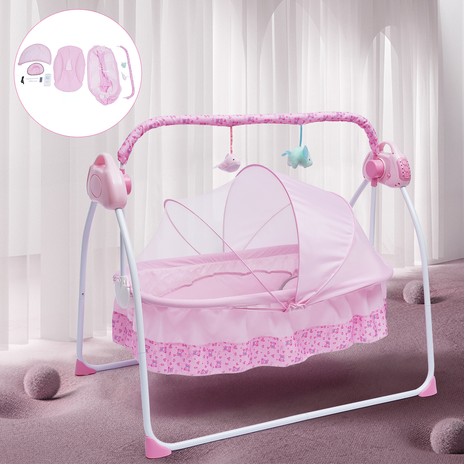 Pink Electric Baby Crib Cradle Auto-Swing Baby Newborn Bed Sleep Cradle + Mat