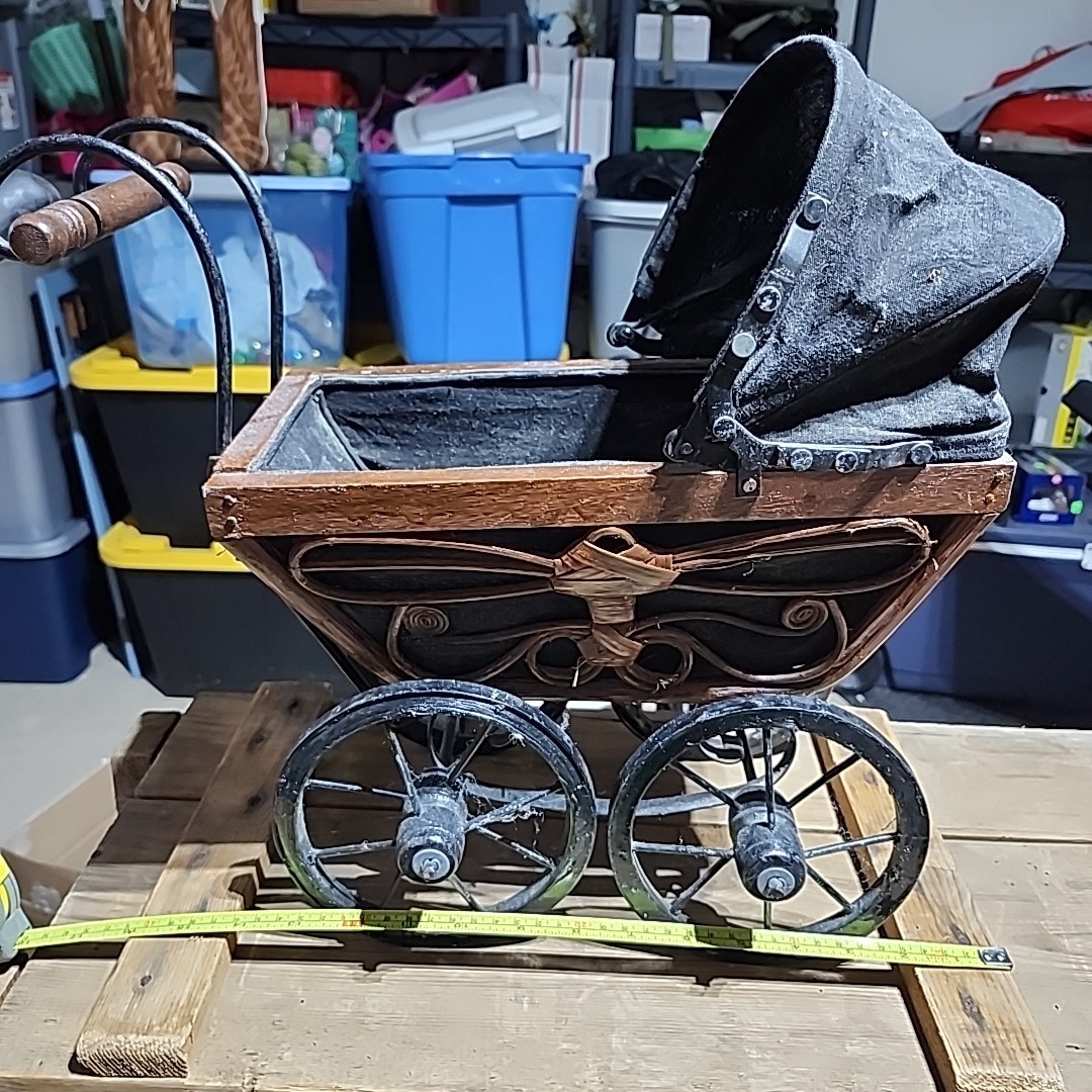 Vintage Antique Handmade Baby Stroller Child’s Buggy Carriage Wood Wicker Iron