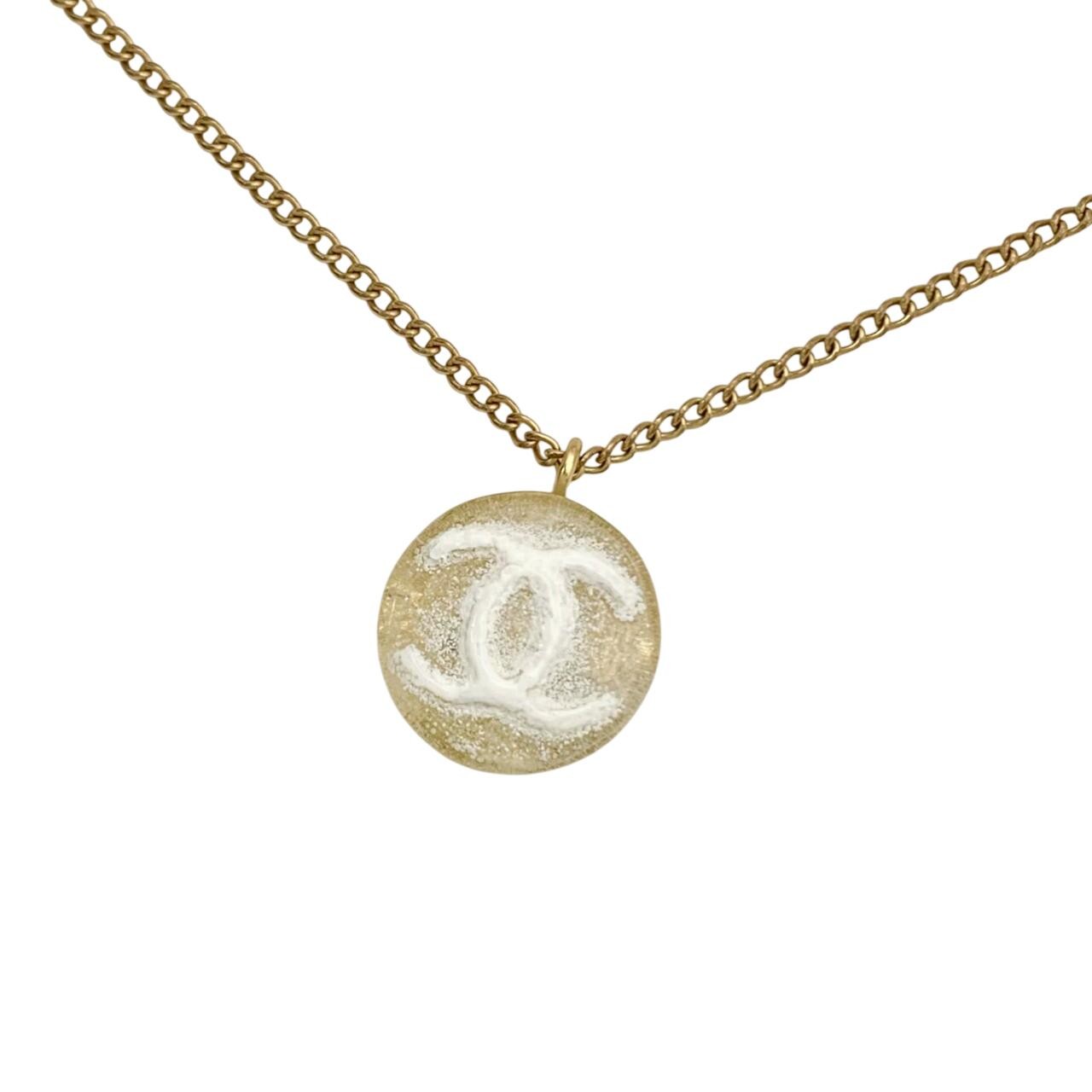 CHANEL Necklace 03A Coco Mark Clear Snow Candy Round Gold Logo