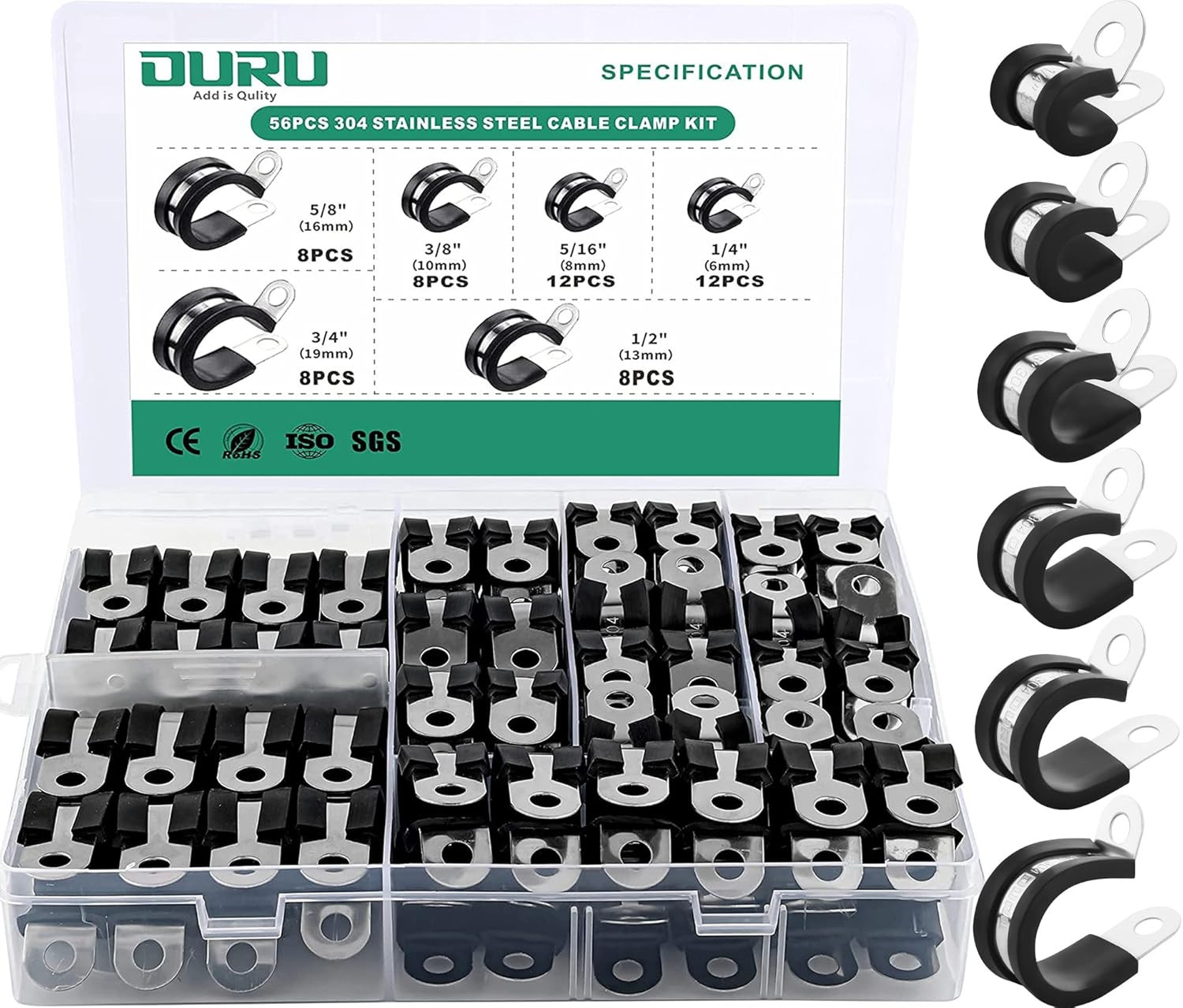 56PCS Stainless Steel Cable Clamps Kit 6 Sizes Rubber Insulated Automotive & DIY