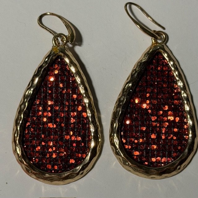 Gold Tone Dangle Earrings Red Glitter Teardrop Fashion Approx 2" Length
