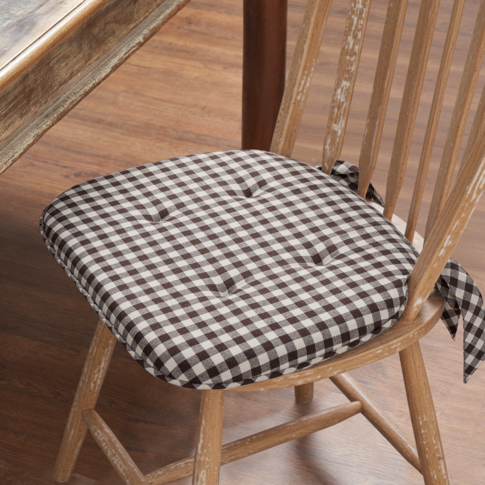 Coffee Brown Creme Gingham Check Cushioned Country Home Chair Pad