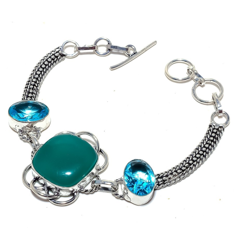 Natural Green Onyx & Blue Topaz 925  Silver Bracelet M028