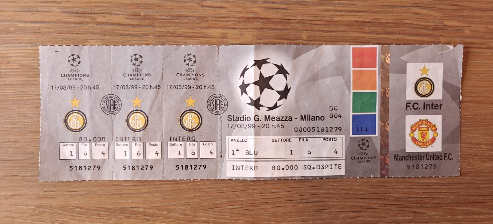 RARE FULL Ticket 1999 Internazionale vs. Manchester United Champions L40139