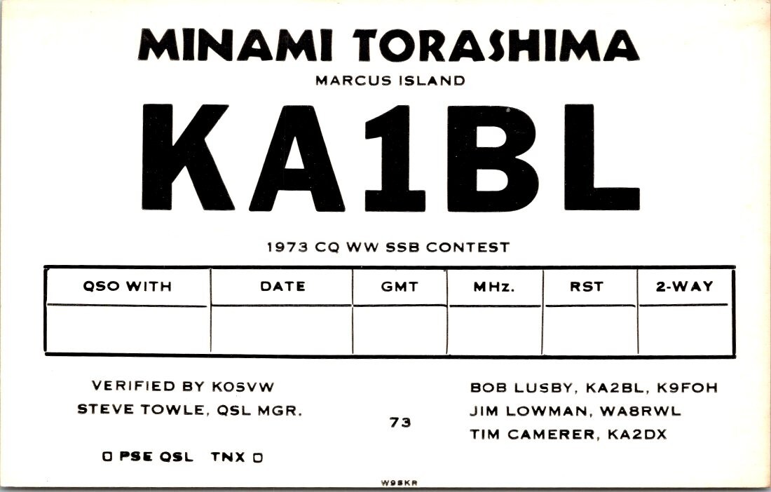 VTG HAM RADIO CQ QSL QSO CARD KA1BL MARCUS ISLAND MINAMI TORASHIMA UNUSED 1973