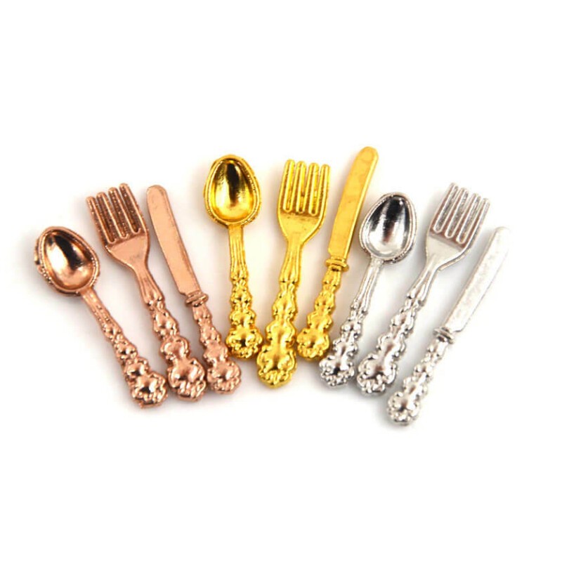 12PC Miniatures 1:12 Scale Dollhouse Mini Metal Gold Silverware Spoon Tableware