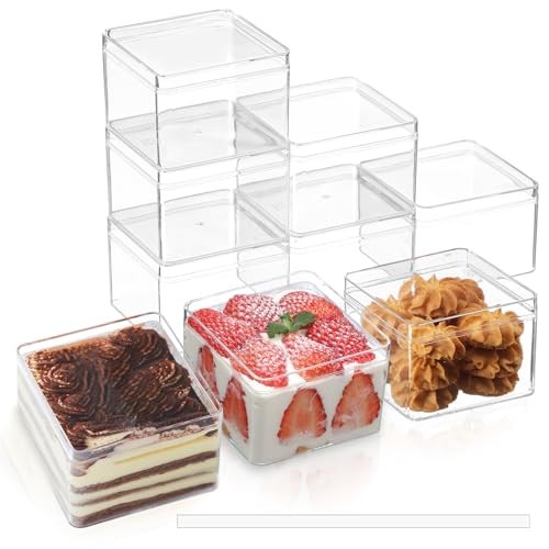 Pack 15OZ Square Clear Plastic Dessert Cups with Lids and Stickers 50