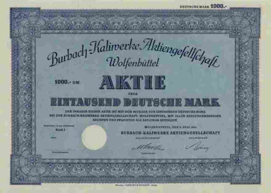 Burbach potash works blank 1951 Wolfenbüttel Kassel Magdeburg 1000 DM Wittmar