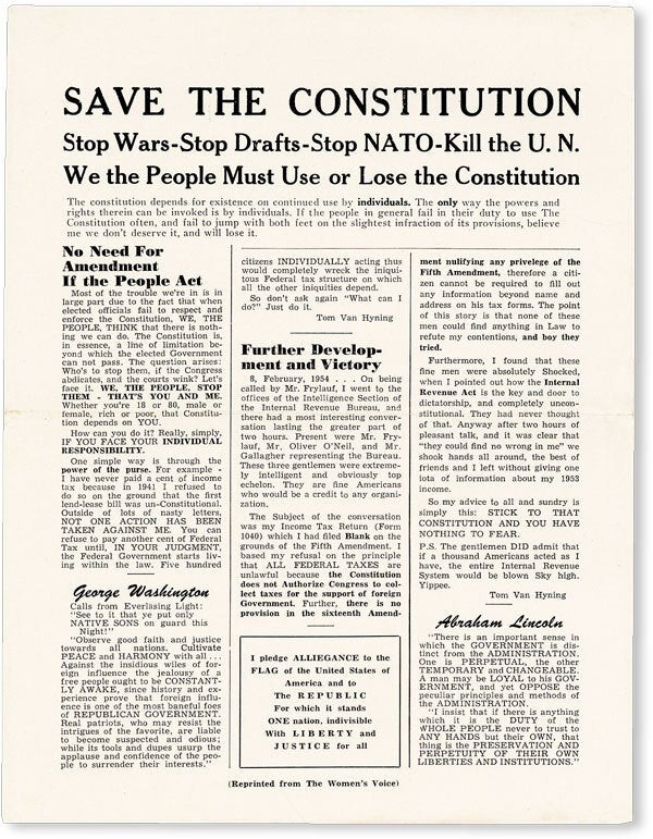 Van Hyning SAVE THE CONSTITUTION / KILL THE U.N. Right-Wing Anti-Tax Broadside