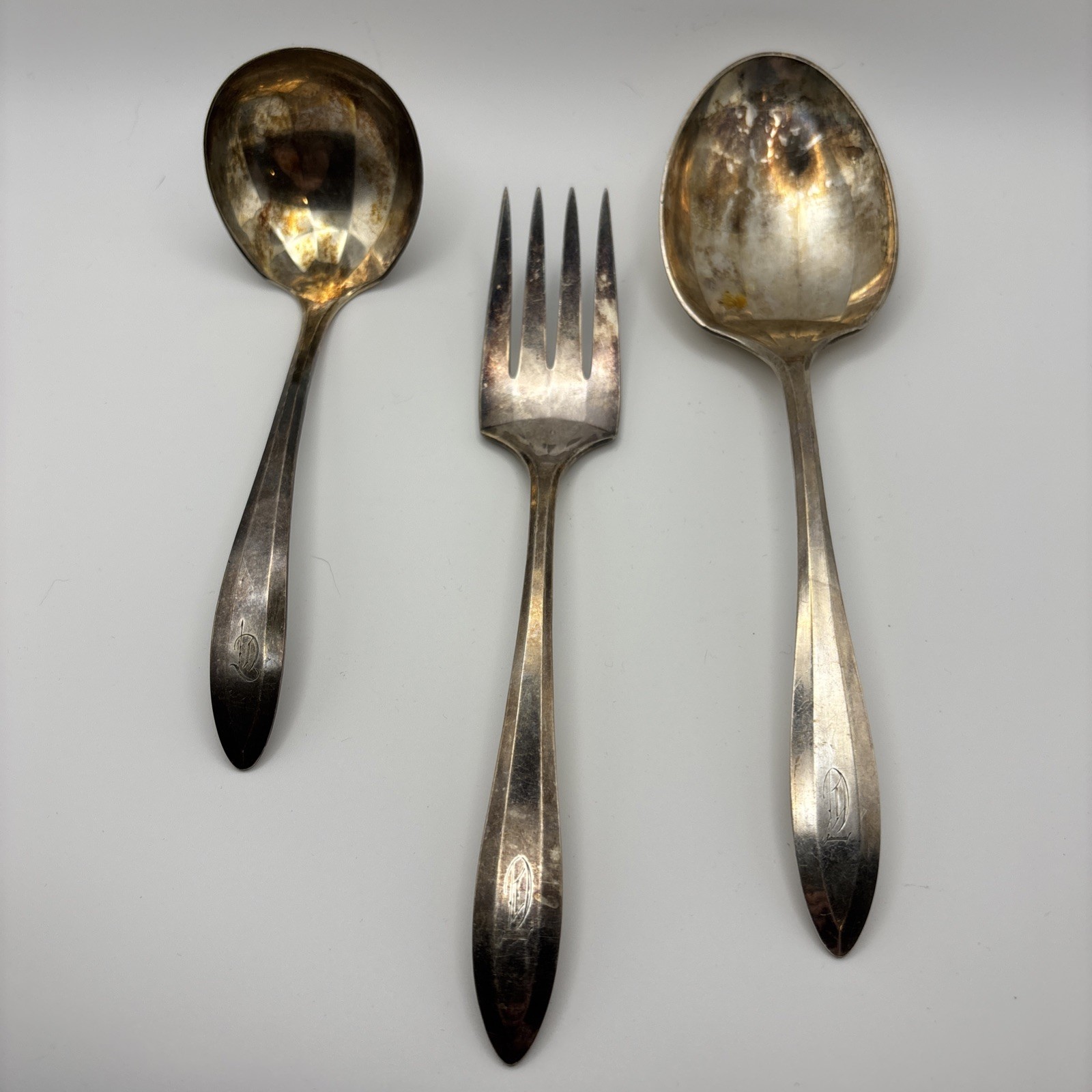Vtg Oneida Community Silverplate Serving 3 Pc Set Ladle Spoon Fork Monogram