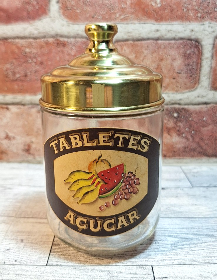 Antique-Style Apothecary Jar, Metal Lid-Portuguese -Tablets Sugar 5 1/2"