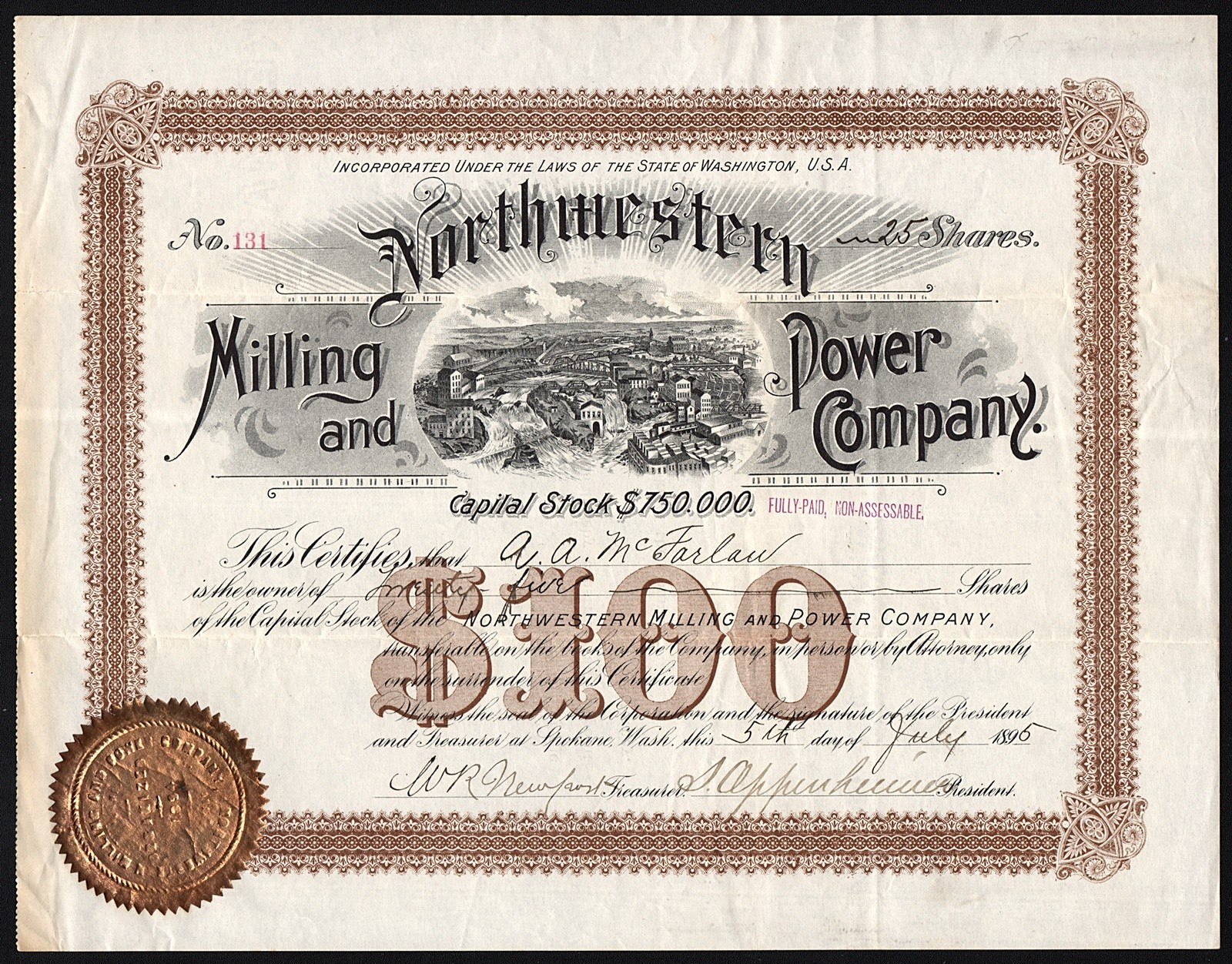 1895 Spokane, Washington: Northwestern Milling and Power Company