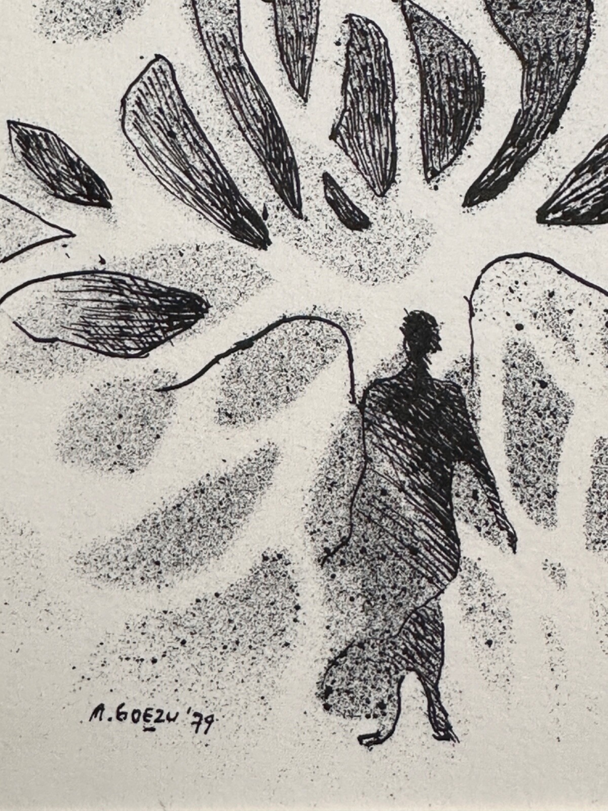 Ancienne gravure 1979 signé André Goezu Homme et oiseaux Judaïca école de Paris