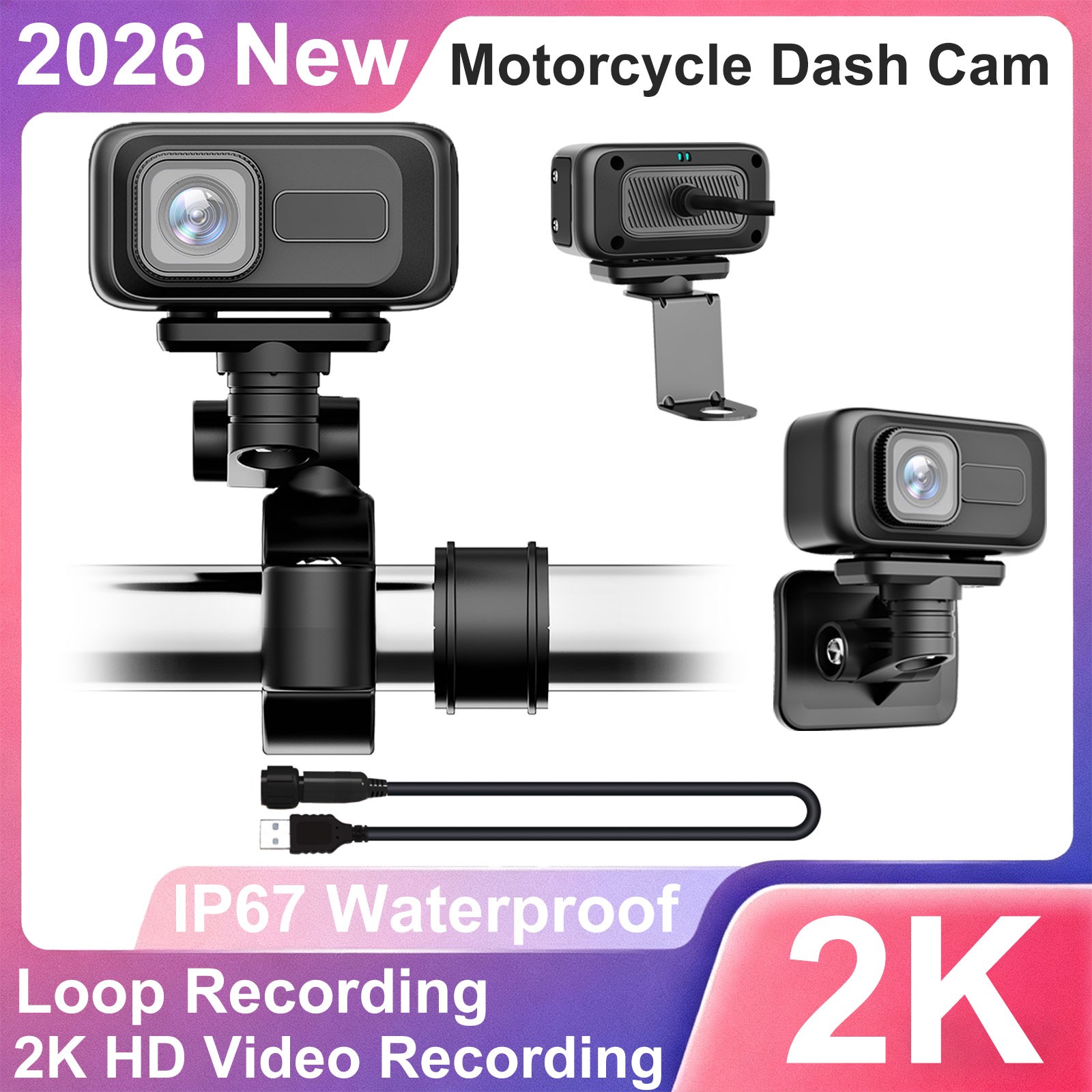 Bike Cycling Recorder 2K HD Motorcycle Dash Cam 140° Wide Angle 64GB 3 Brackets