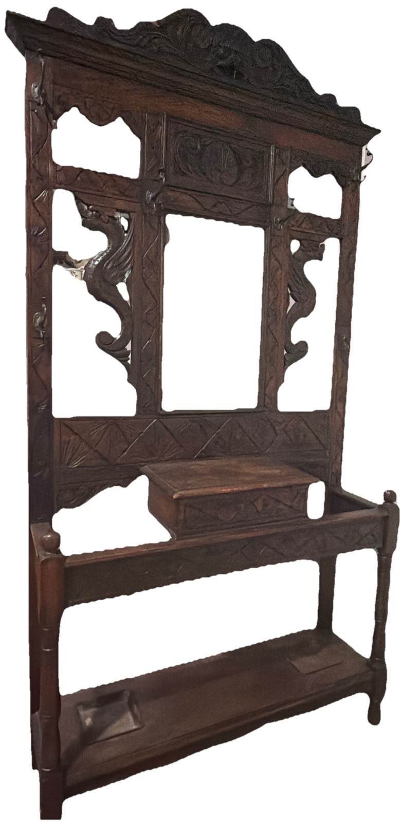 Antique Victorian Gothic Late 1800s Carved Oak Green Man and Dragon Hall Tree