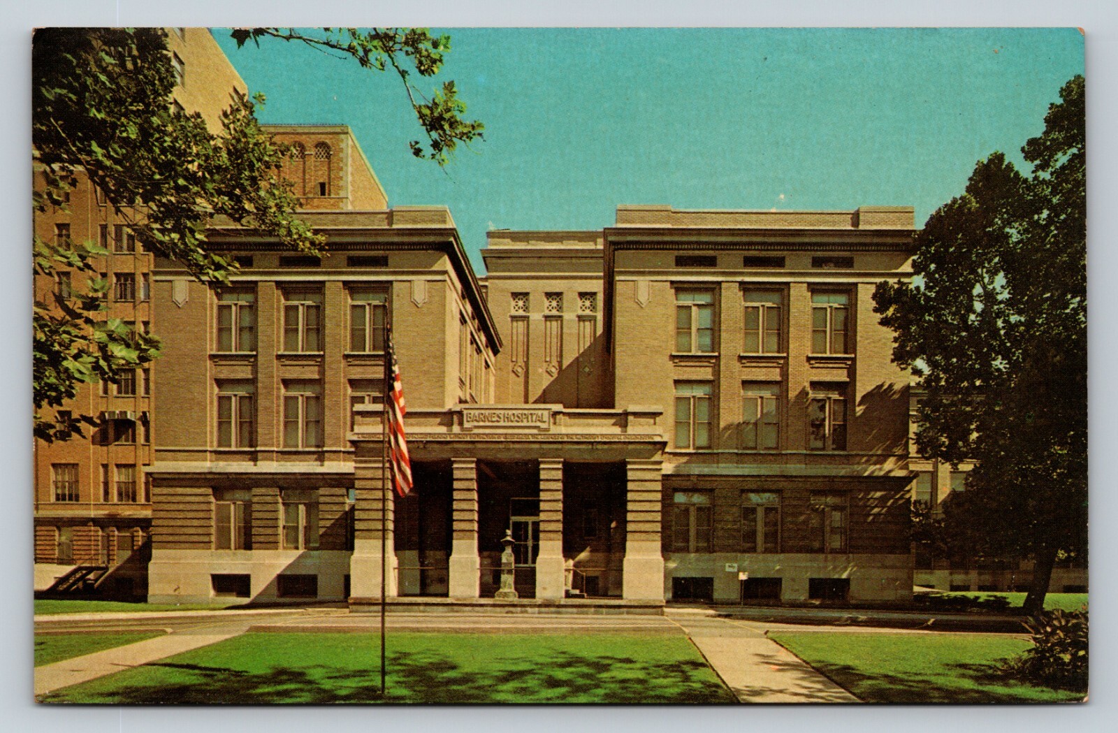 c1963 Postcard: St. Louis Missouri MO Barnes Hospital Entrance - US Flag