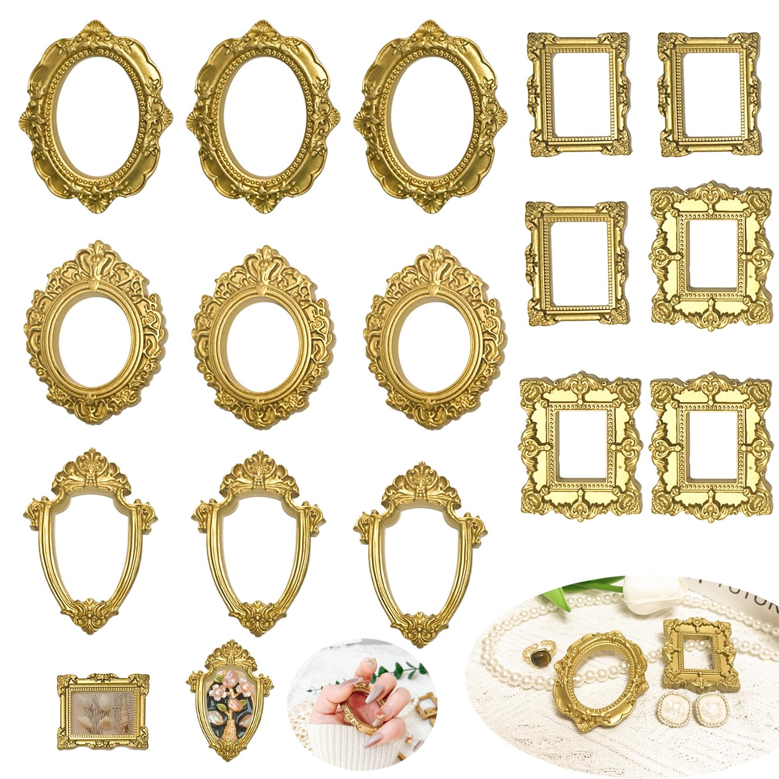 15PCS Vintage Resin Picture Frame - Mini Photo Tiny Antique Small, gold 