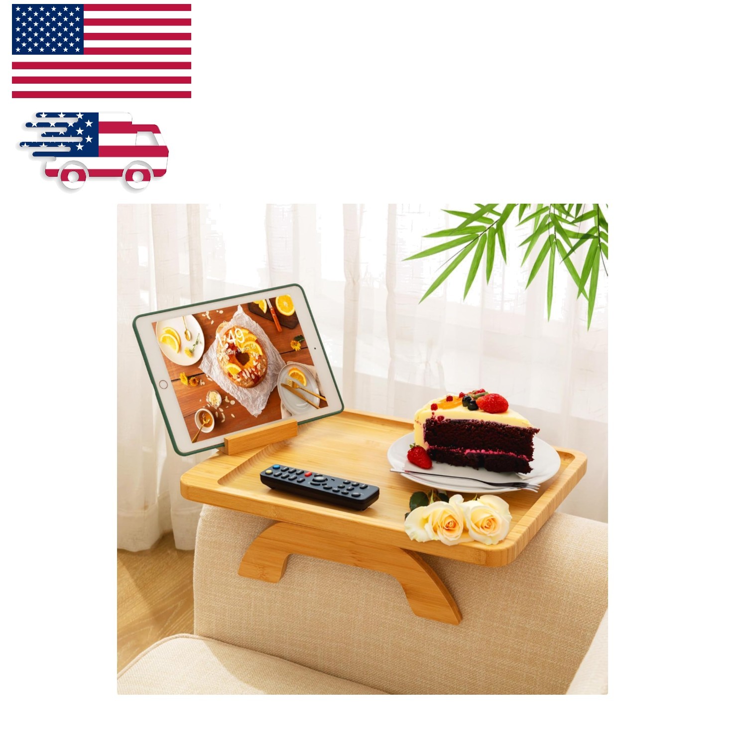 Foldable Bamboo Armrest Tray - Space-Saving Sofa Table for Snacks & Drinks