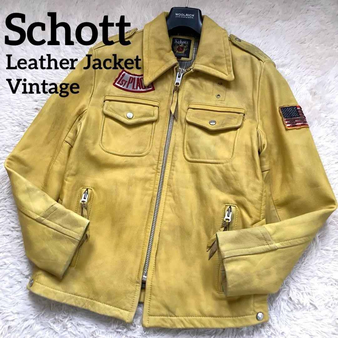 Rare SCHOTT Leather A-2 Riders Jacket Checkered Lining Size:M Yellow 140453KAuth