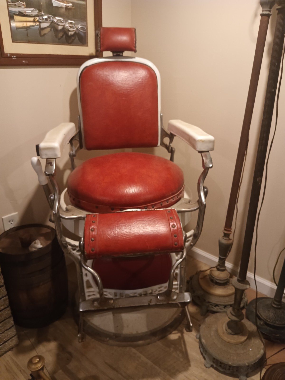 Koken Antique Barber Chair Red Leather White Adjustable Headrest Footrest