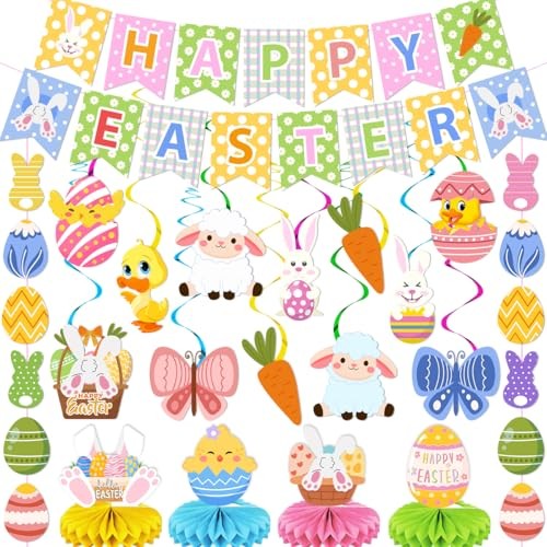 Easter Decorations for Home Happy Easter Banner with Egg Bunny Carrot Hanging 