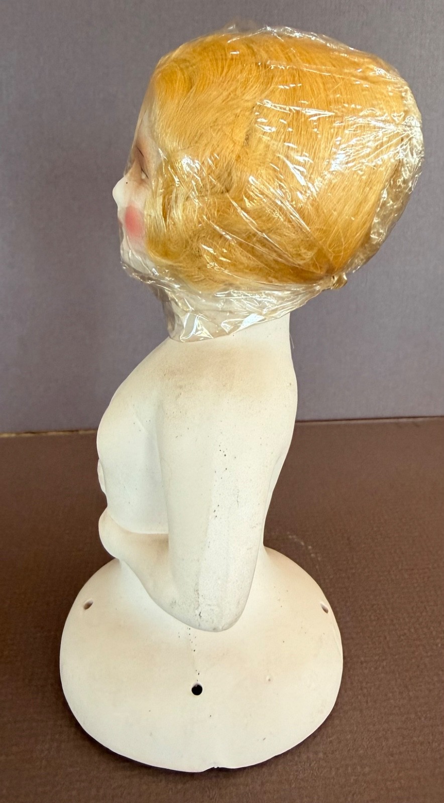 Antique 1920s Pincushion Half Doll Chalkware Mohair Wig Still Wrapped Germany