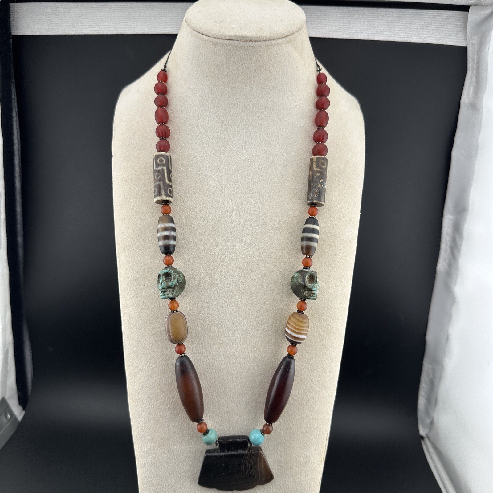 Vintage Himalayan Tibetan Carnelian  Agate And Turquoise Glass Beads Necklace