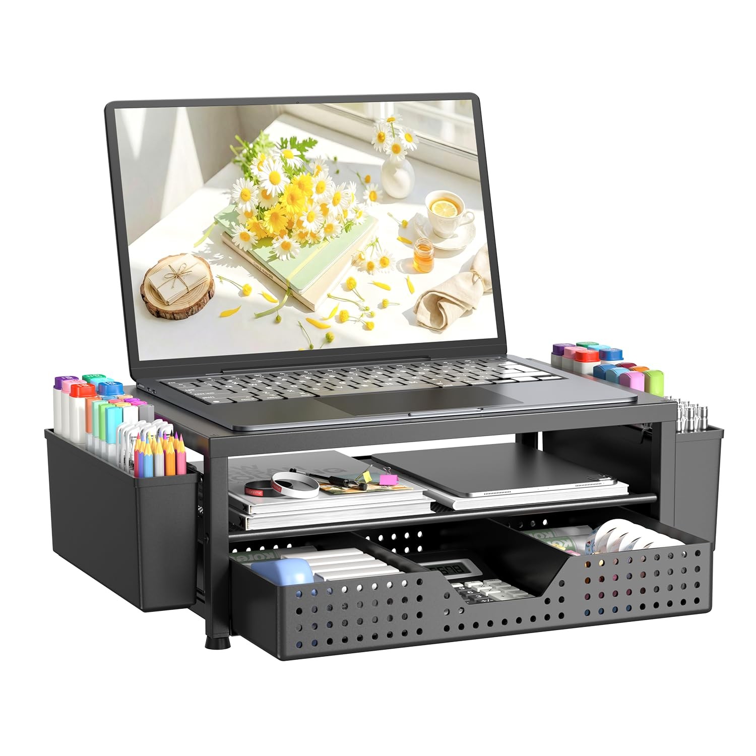 Laptop Stand Desk Organizer, 2-Tier Metal Monitor Stand Riser with Drawer & 2...