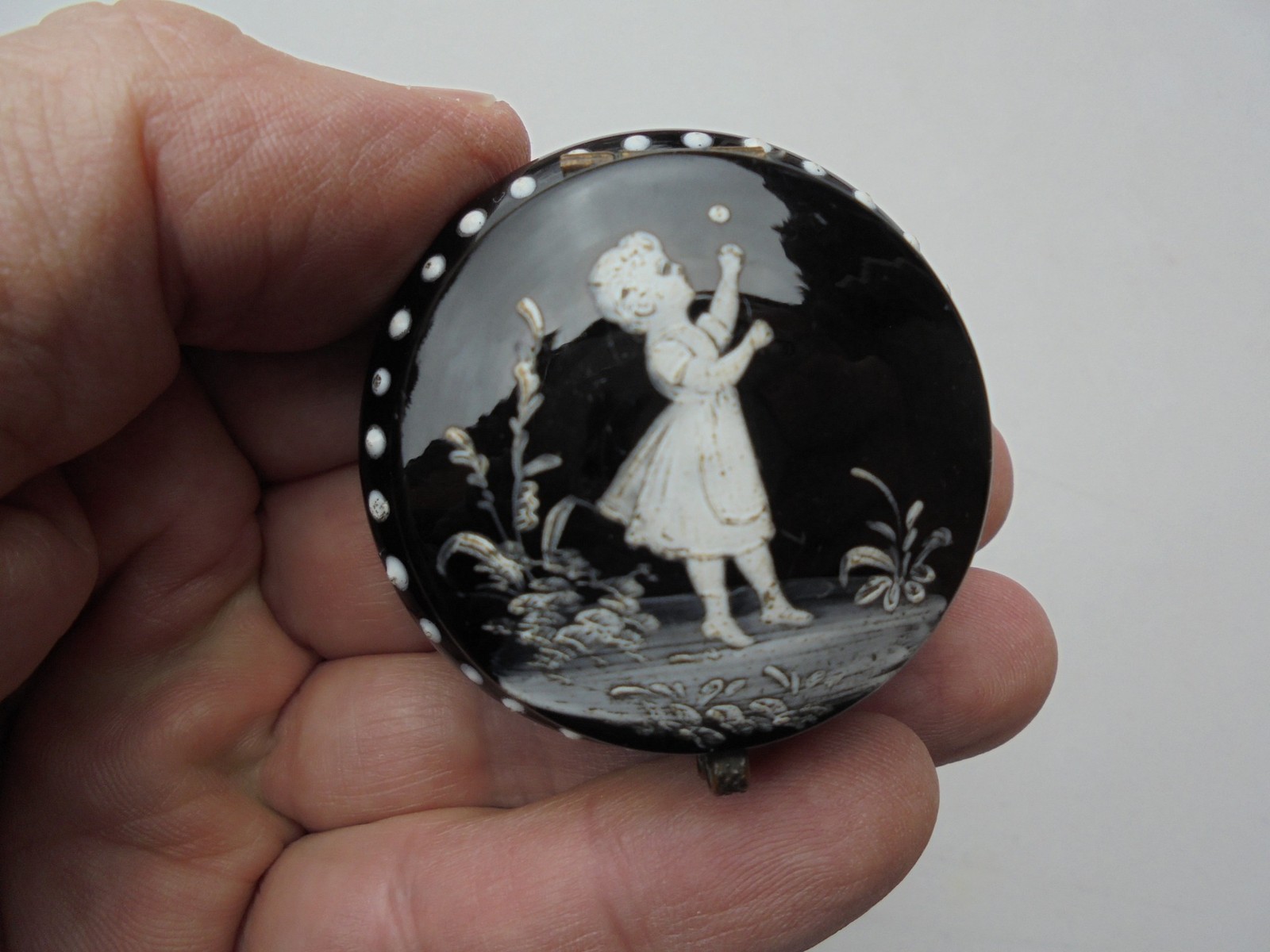 Antique Black Glass & Bronze Mary Gregory Trinket Dresser Box Girl w Ball 